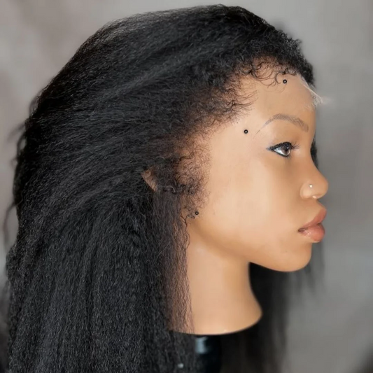 26Inch Soft Yaki Preplucked Black Color 180Density Kinky Straight Lace Front Wig Synthetic Baby Hair Glueless Daily Wear Wig