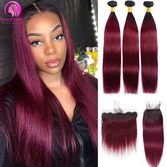 1B99J Ombre Straight Bundles With 13x4 Lace Frontal Human Hair 3/4 Bundles With Red Burgundy Straight Virgin Hair Closure