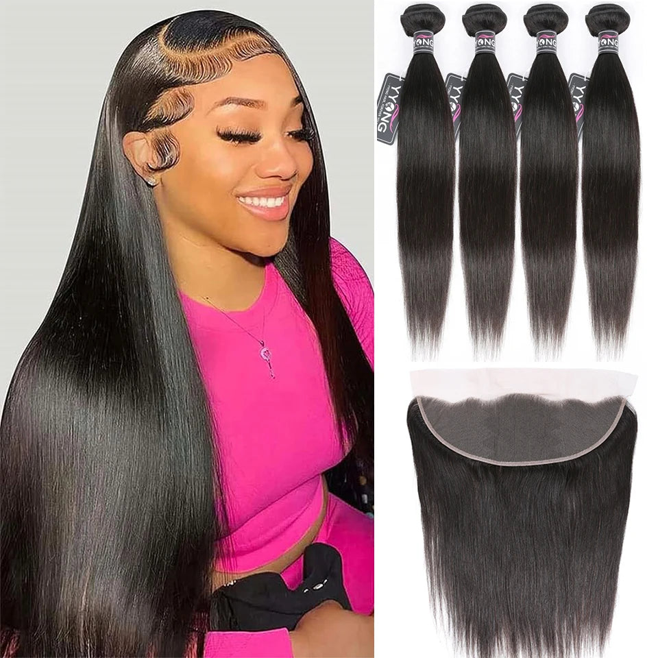 YYong Brazilian Straight Hair 3/4 Bundles With Frontal Remy Human Hair 13x4 Ear to Ear Lace Frontal Closure With Bundles