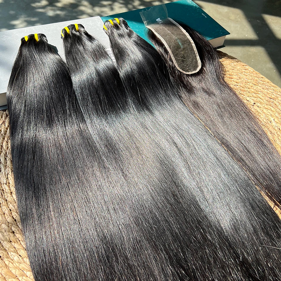Bone Straight Double Drawn Human Hair Bundles With 2x6 HD Lace Closure Preplucked #1B Raw Virgin Human Hair Weaving Extensions