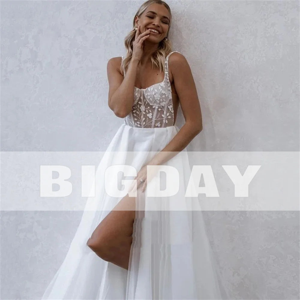 A-Line Wedding Dress Women Lace Open Back Square Collar Spaghetti Straps Split Bridal Gown Train Vestidos De Noiva Customized