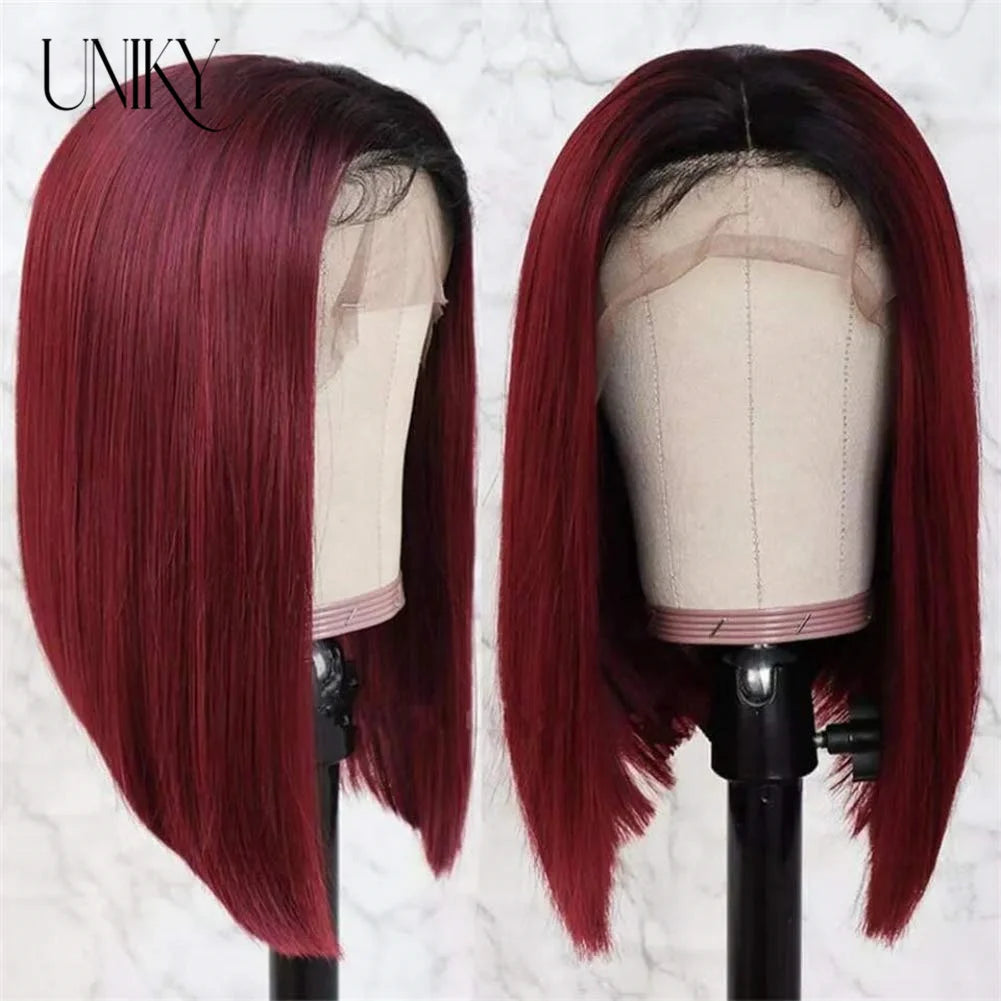 T1B/99j Burgundy Red Straight Bob T Part Lace Front Human Hair Wig For Women Colored Brazilian Remy Hair Natural Wig