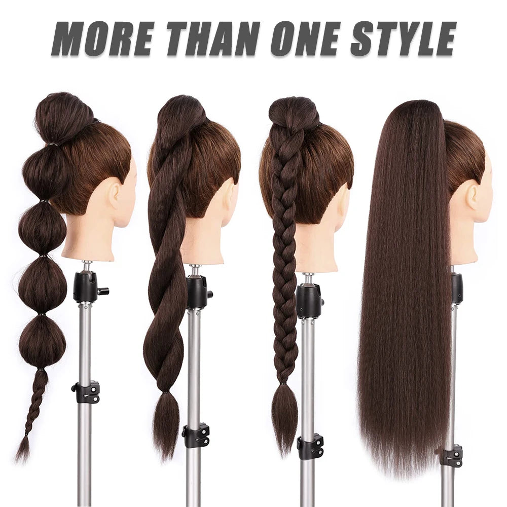 Synthetic 24Inch Ponytail Extensions Black Natural Braided Pony Tail Hairpiece Long Straight Rubber Band Hair For Women