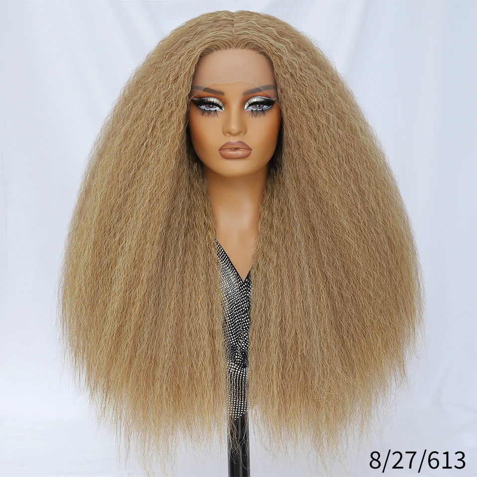28 Inch Kinky Straight Lace Wigs Synthetic Black T Part Yaki Straight Lace Front Wigs For Women Brown Afro Wigs With Hair Line
