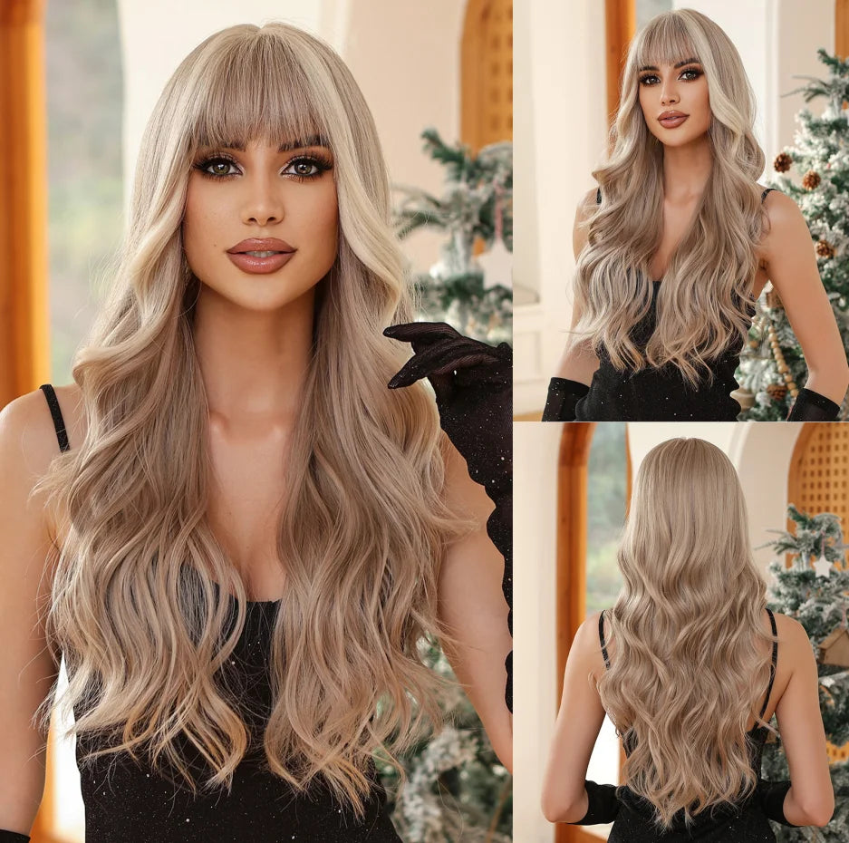 28 Inch Long Curly Wig With Bangs Ombre Brown Hair Wigs For Women Highlight Blonde Synthetic Wigs For Daily Party Heat Resistant