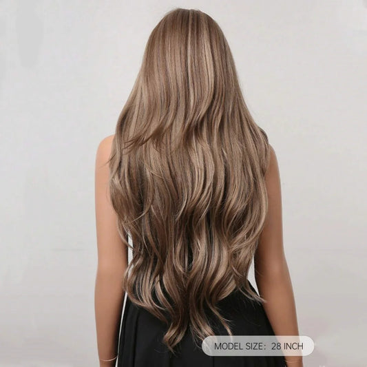 28 Inch Long Curly Wig With Bangs Ombre Brown Hair Wigs For Women Highlight Blonde Synthetic Wigs For Daily Party Heat Resistant