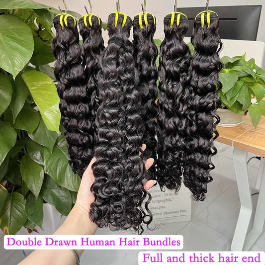Double Drawn Water Wave Human Hair Bundles 100% Raw Virgin Human Hair Weave Extensions #1b Natural Color 10A Wavy Curl For Women