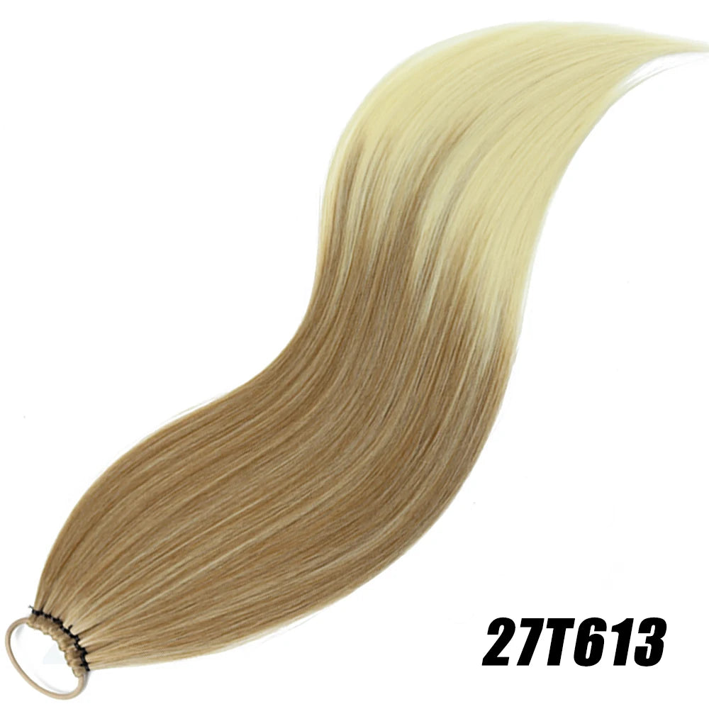 Synthetic 24Inch Ponytail Extensions Black Natural Braided Pony Tail Hairpiece Long Straight Rubber Band Hair For Women