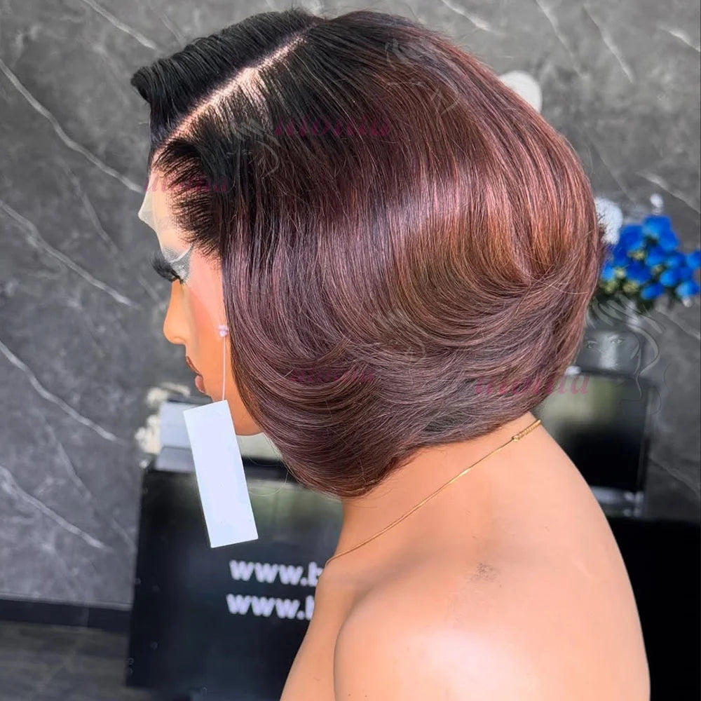 Short straightBob Wigs 13x4 HD Lace Closure Wig Blunt Cut with face framing layers Glueless Human Hair Ombre Chocolate brown wig
