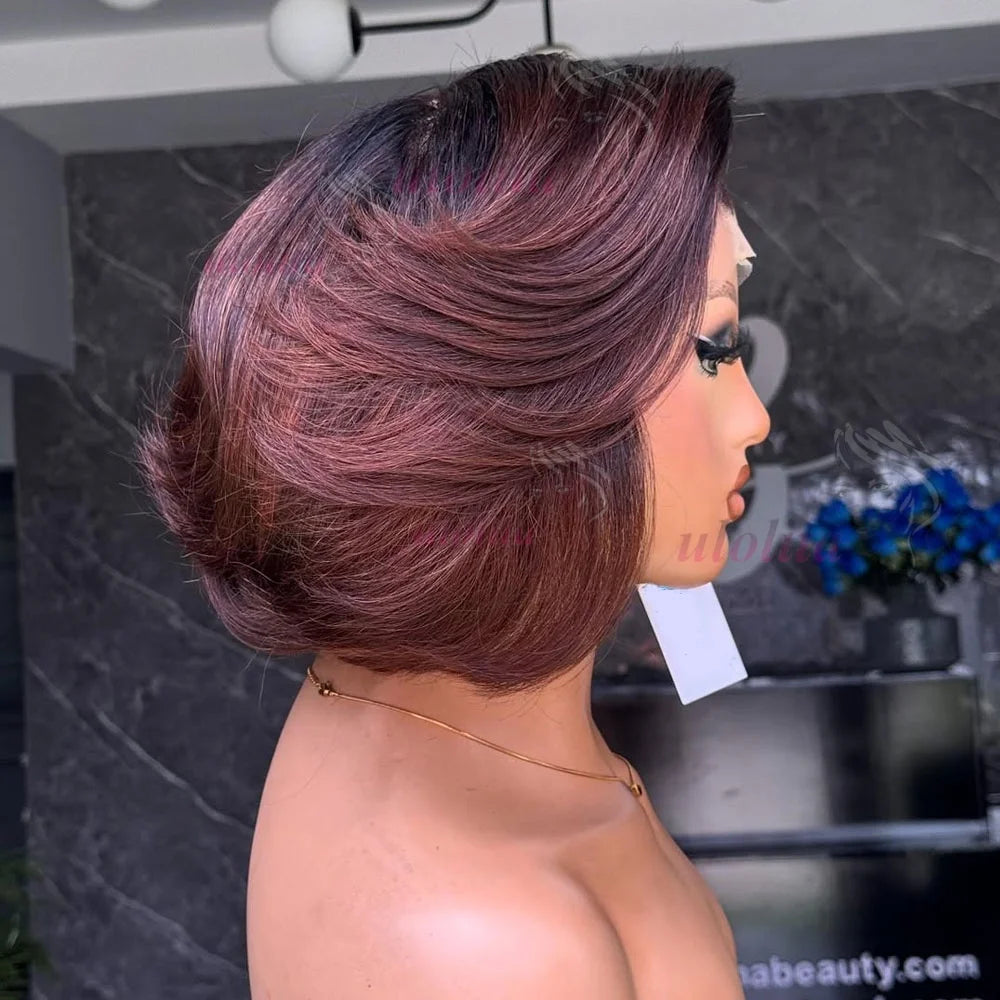 Short straightBob Wigs 13x4 HD Lace Closure Wig Blunt Cut with face framing layers Glueless Human Hair Ombre Chocolate brown wig