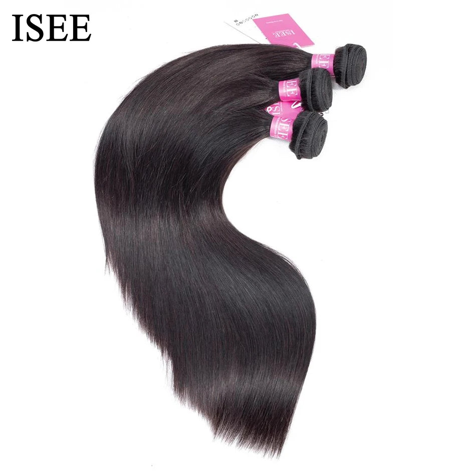 ISEE HAIR Indian Virgin Straight Hair Extension Human Hair Bundles 1 Piece Hair Weaves 10-26 Inch Nature Black Color