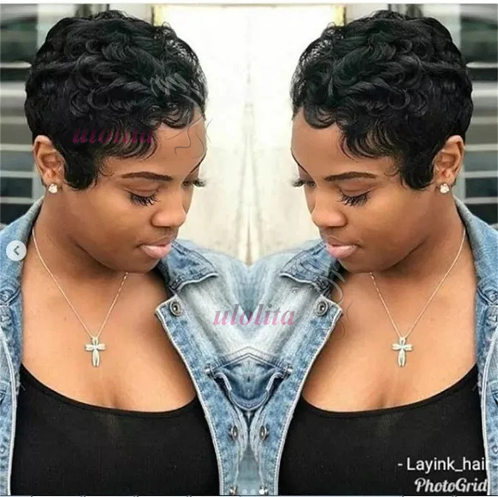 Pixie Cut Finger Wave Short Bob Wigs For Black Women Human Hair Ocean Wave Short Indian Human Hair Wig 13X1 Lace Front wigs