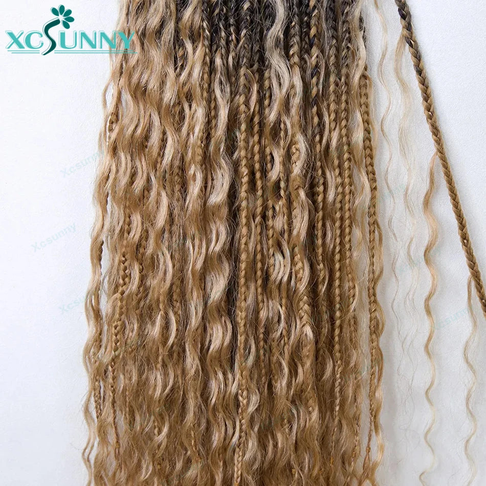 Ombre Crochet Boho Box Braids With Human Hair Curls Pre Looped Color 1b 4  1b 27 Crochet Box Braids Human Hair With Curly End