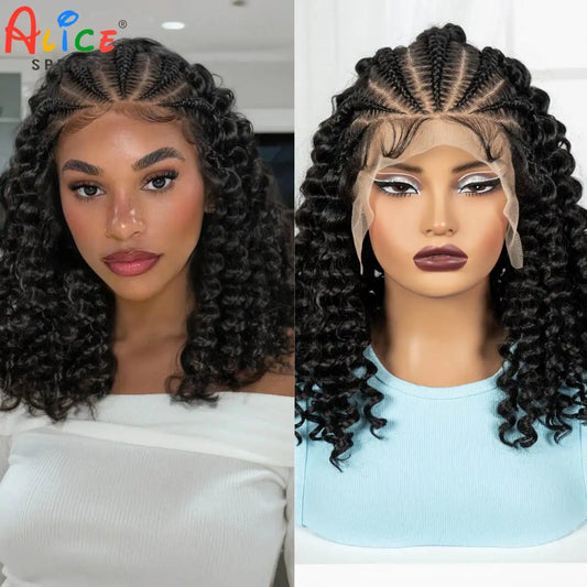 16inch 13x6 Lace Frontal Curly Hair Bob Wigs with Cornrow Braids Synthetic Deep Wave Brazilian Remy Hair Wigs for Black Women