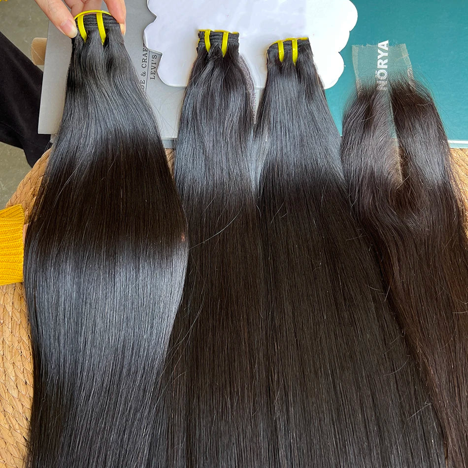 Bone Straight Double Drawn Human Hair Bundles With 2x6 HD Lace Closure Preplucked #1B Raw Virgin Human Hair Weaving Extensions