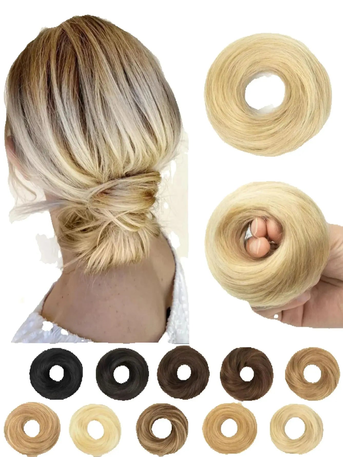 Messy Bun Hair Piece Human Hair Natural Black Wavy Tousled Stretchy Fluffy Donut Updo Elegant Chignon with Elastic Rubber Band