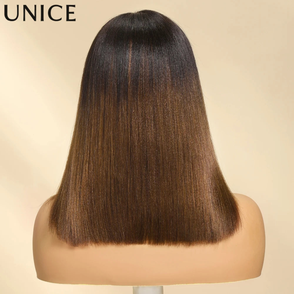 Unice Hair Chestnut Brown Yaki Straight Bob Wig 7x5 Pre Cut Pre Bleached Glueless Wig Human Hair Ready To Wear 150% Density