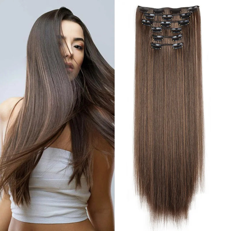 6Pieces/Set Synthetic 24Inch Long Straight Hair Extension Silky Hairpiece for Women