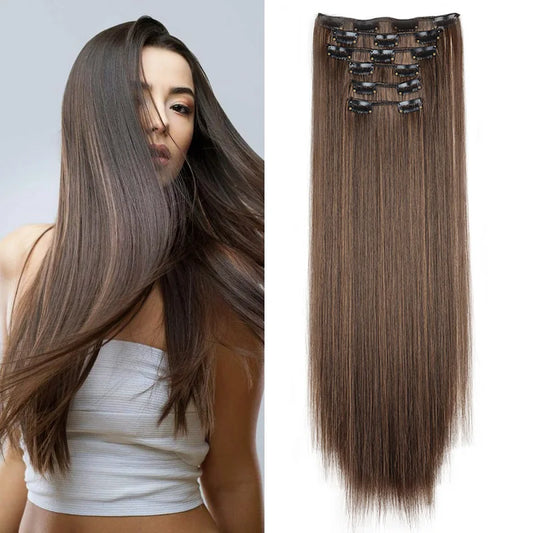 6Pieces/Set Synthetic 24Inch Long Straight Hair Extension Silky Hairpiece for Women