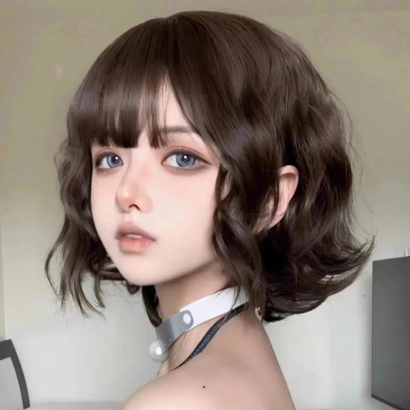 Black short curly hair high quality synthetic wig fashion natural big wave wig ladies wig