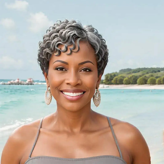 Salt And Pepper Bob HD 5X5 Glueless Human Hair Wigs Ready To Go Half Black Of Back Edgy Pixie Cut Wig With Natural Wave Bang