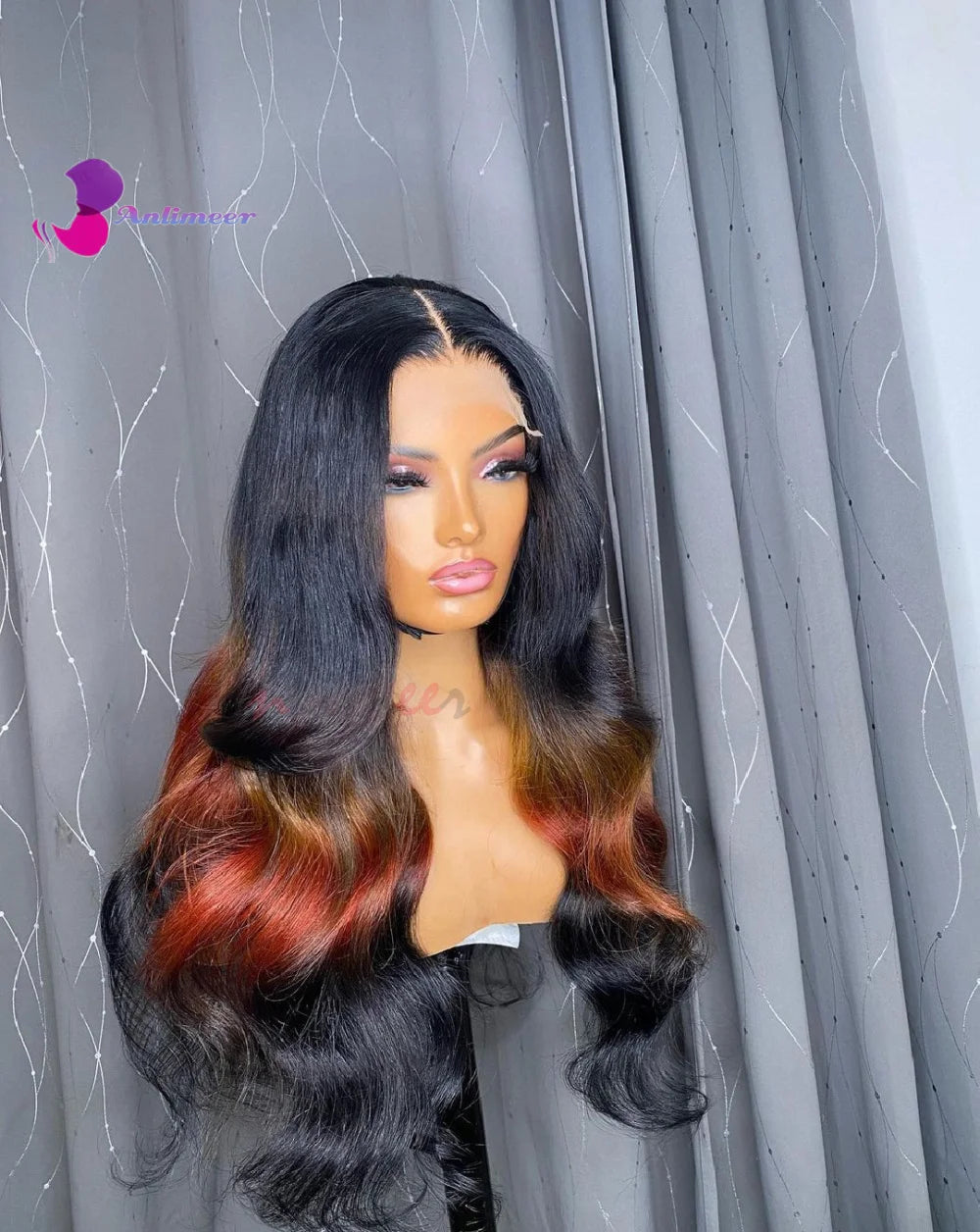 Jet Black Ombre Orange Ginger Mixed Colored Human Hair Long Wigs Body Wave Lace Front Wig Real Human Hair Wig for Black Women