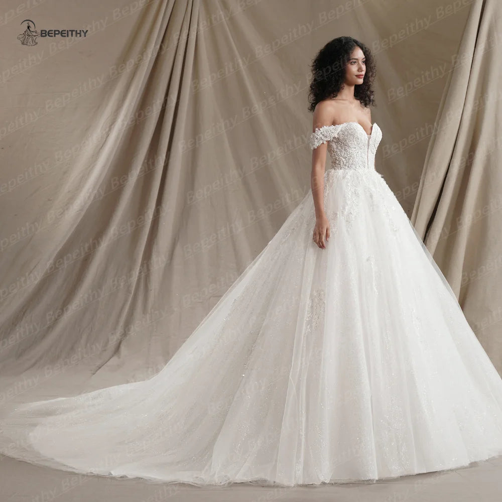 BEPEITHY Customized Sweetheart Glitter Princess Wedding Dresses For Women 2024 Off Shoulder Ivory Bride Sleeveless Bridal Gown