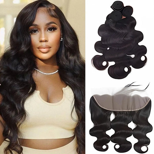 Body Wave 3 Bundles Human Hair With Frontal 13x4 Transparent Lace Frontal 100% Natural Human Hair Extensions Brazilian Real Hair