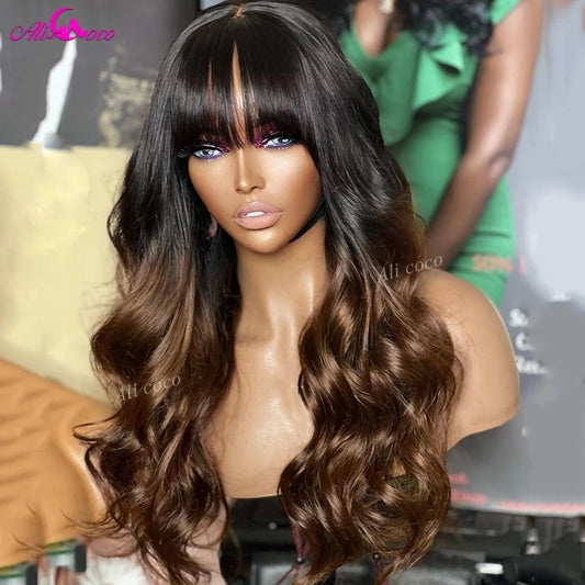 1B Brown Body Wave Wigs With Bangs 13x4 Transparent Lace Frontal Wig #30 Colored Lace Closure Human Hair Wigs For Black Women