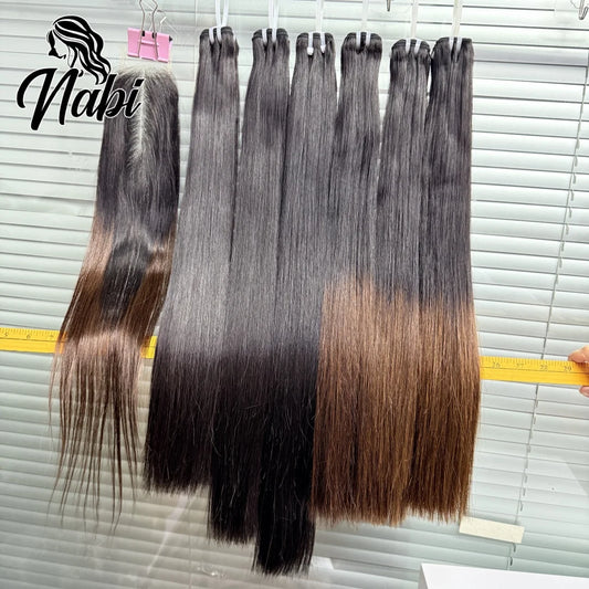 Nabi Natural Vietnamese Human Hair Bundles With 2X6 HD Lace Closure Middle Part 16A  Bone Straight for Weaving Wigs