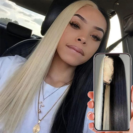 Remy Colored #613 Brazilian 100% Human Hair Wigs Half Black and Half Blonde Straight Lace Front Wigs Human Hair Wigs For Women