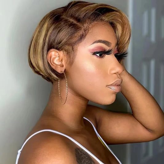 Brown Colored Pixie Cut Short Highlight Lace Human Hair Wigs For Women Ombre Short Brazilian Human Hair Wig Straight Pre Plucked