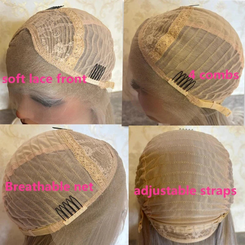 Preplucked Hairline Gentire Wig Premium Quality Ombre Ash Blonde Brunette Synthetic Lace Front Wig Blonde Natural Hair Wig 16''