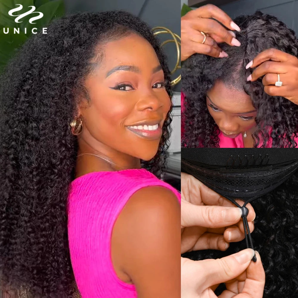 UNICE Hair Kinky Curly V Part Wig 100% Human Hair Upgrade U Part Wig No Leave Out EasiContou V Part Wig With Elastic Drawstring