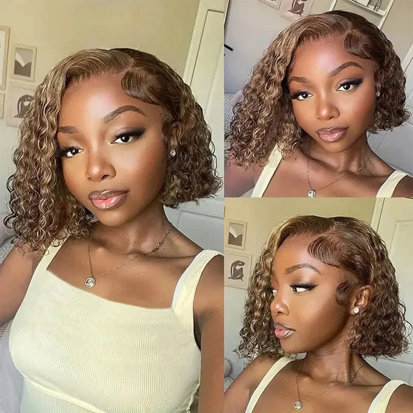 4/27 Highlight Curly Wigs Short Bob Wig Human Hair Brazilian Water Wave Ombre Blonde Color 13x4 Full Lace Frontal Wig For Women
