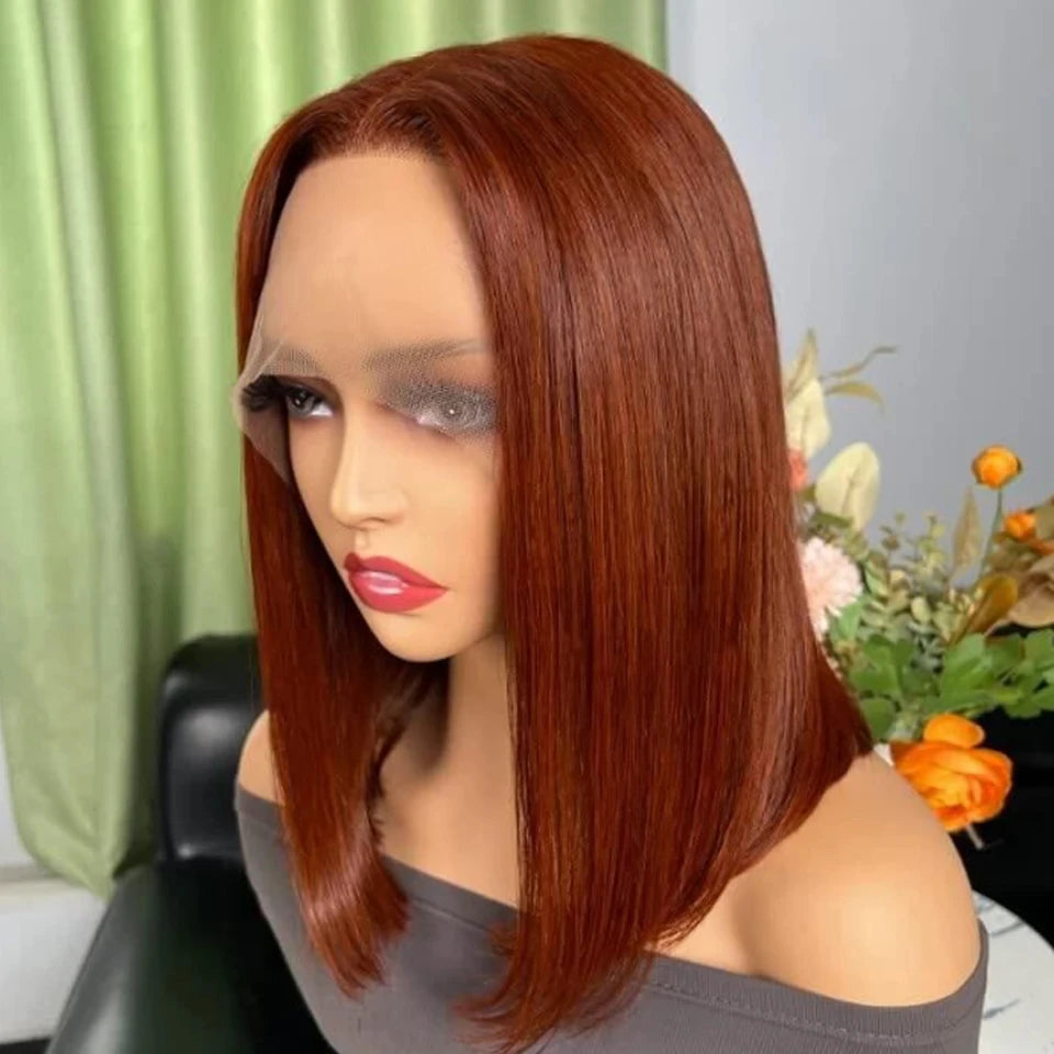 Rebecca Short Brown Color Bob Wig Peruvian Straight Lace Front Human Hair Wigs For Women 33 Reddish Brown 13*6*1 T Lace Part Wig