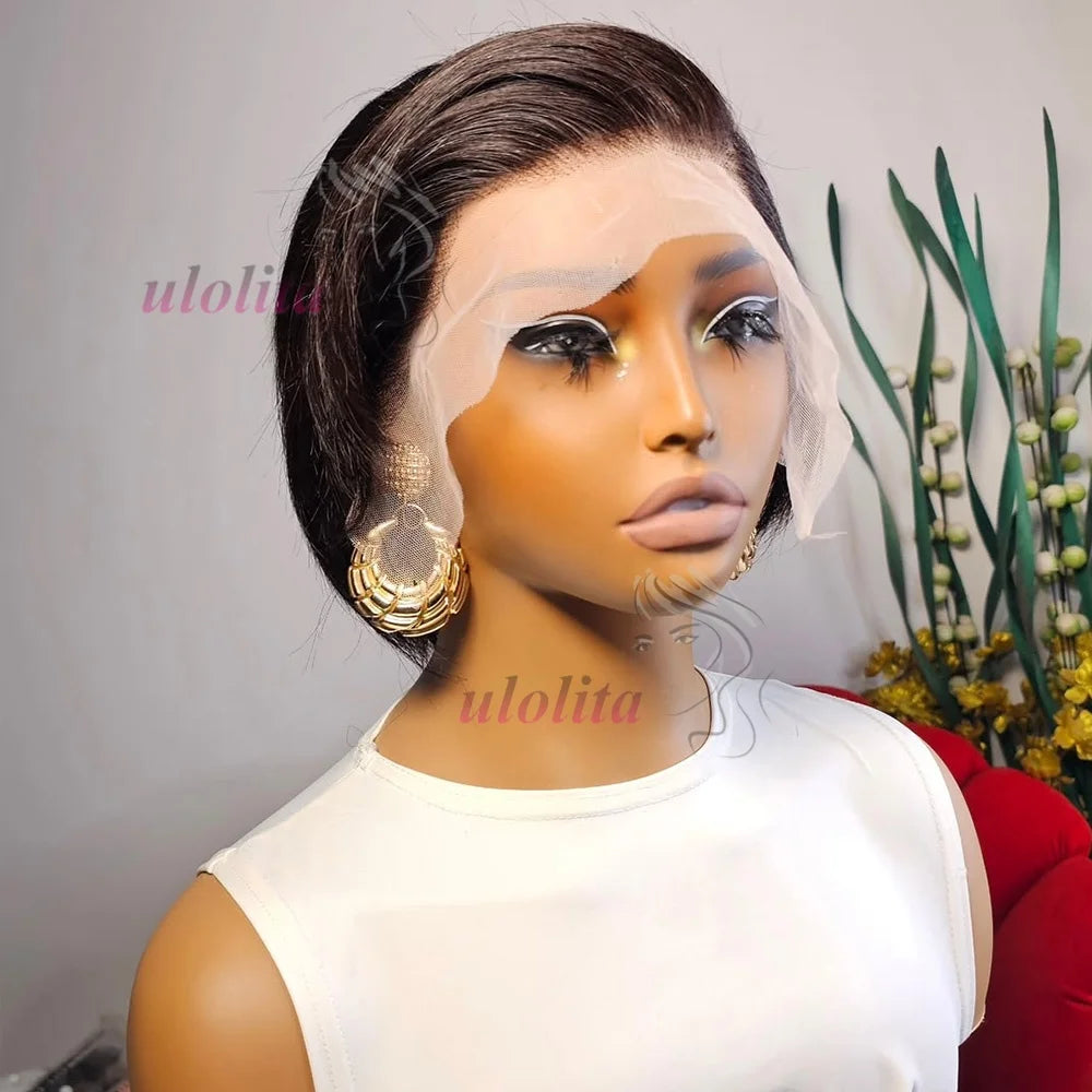 Ombre #1B Brown Short Pixie Cut Wigs For Women Human Hair 200% Straight Chocolate brown Lace Front Bob Wig Brazilian Remy Hair