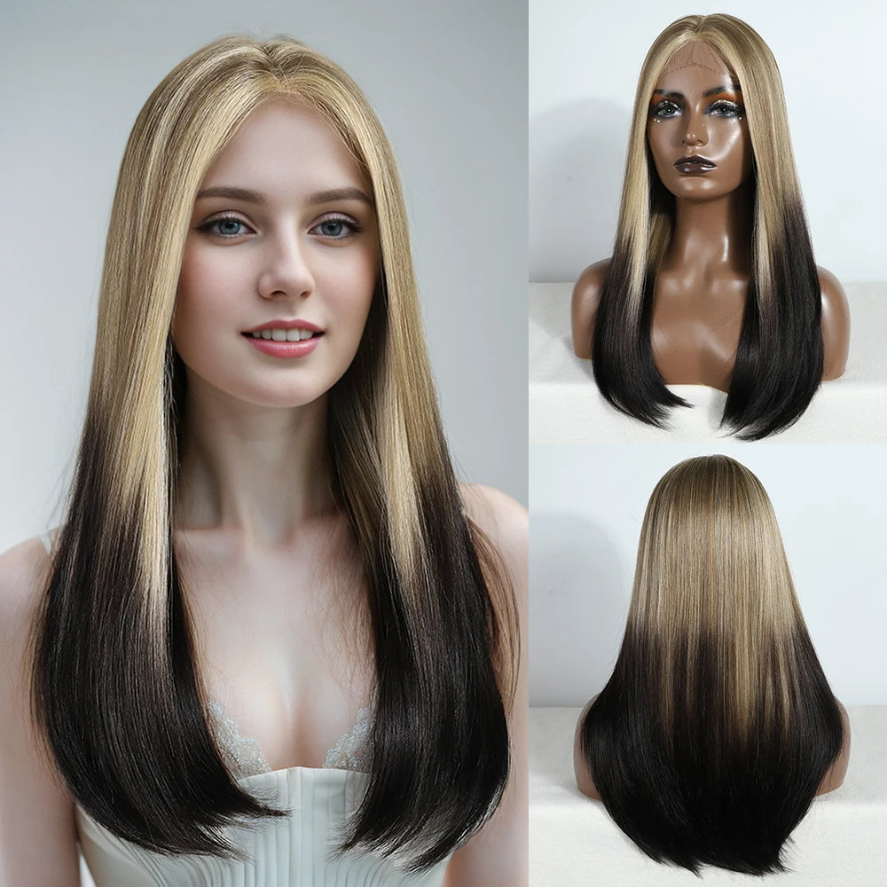 Synthetic Lace Front Wig Straight Baby Hair Bob Wig Bown Black Blonde Hair Wig 22"Cosplay Wig For Women Heat Resistant Wig