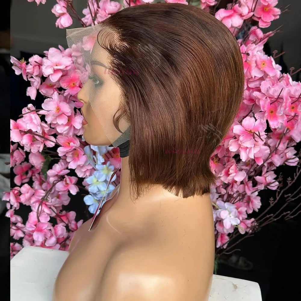 Ombre #1B Brown Short Pixie Cut Wigs For Women Human Hair 200% Straight Chocolate brown Lace Front Bob Wig Brazilian Remy Hair
