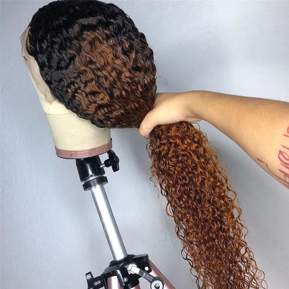 1B 30 Short Bob Kinky Curly Human Hair Wigs 13x4 Transparent Lace Frontal Wig Ombre Brown Colored 250% Density Brazilian Wigs