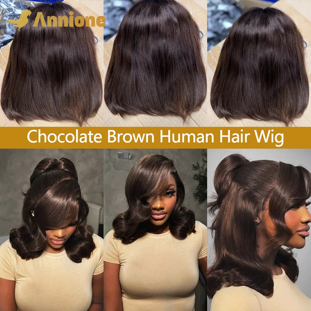 Bob Glueless Wig Human Hair Ready To Wear 4X4 Brazilian Straight Chocolate Brown Lace Front Human Hair Wig 100% Human Hair Wigs