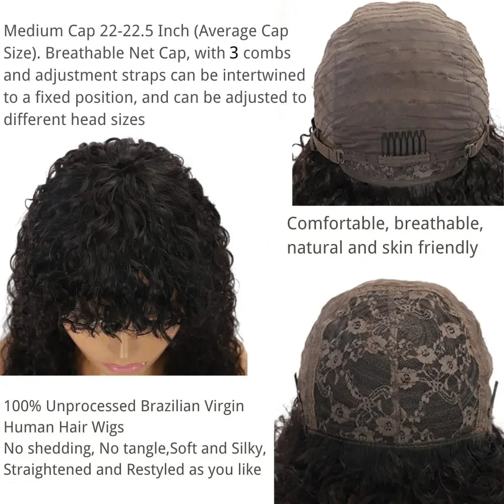 Curly Human Hair Wigs With Bangs 180% Density Water Wave Virgin Human Hair Full Machine Made Curly Glueless Wigs For Black Women