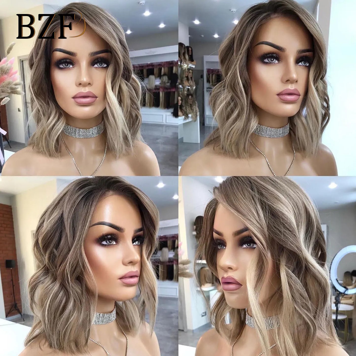 Brown Highlight Short Bob Wavy Synthetic Wigs For Women Daily Use Dark Brown Roots Ash Brown Wig Pre Plucked Curly Blonde Wig