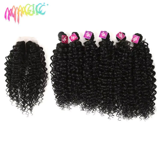 Magic Synthetic Afro Kinky Curly Hair Weave Hair 16-20 inch 7Pieces/lot Bundles With Closure African lace For Women hair Extens