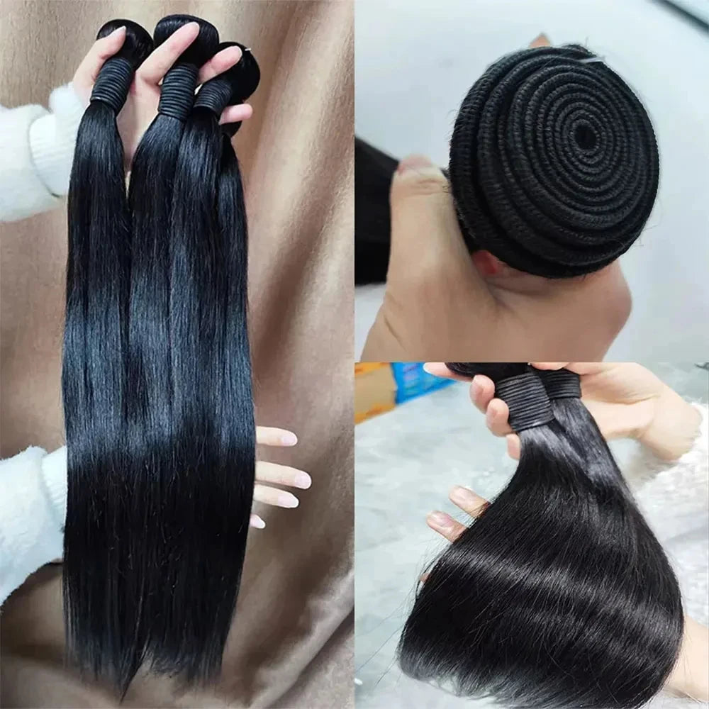 Straight Bundles With Closure Human Hair 10-30 Inch 100% Brazilian Extensions Natural Black Raw Hair With Hd Glueless Closure