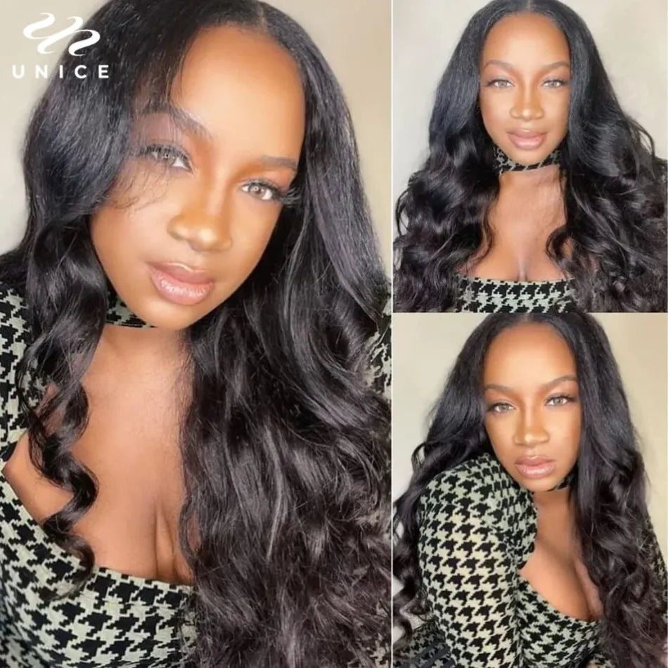 UNICE Hair Upgraded Drawstring Body Wave V Part Wig 100% Human Hair Natural Color V-Part Wig Ombre Brown VPart Wigs 150% Density
