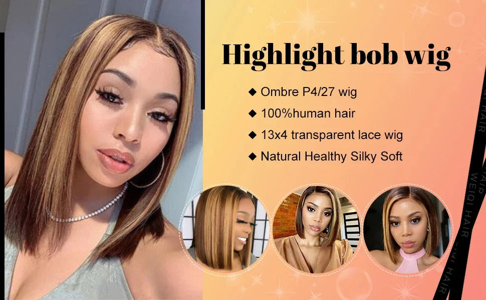 13x4 Transparent Lace Front Bob Wig Human Hair Ombre Honey Blonde 13x4 Wigs 10-16inch  4/27 Colored Transparent Frontal Lace Wig