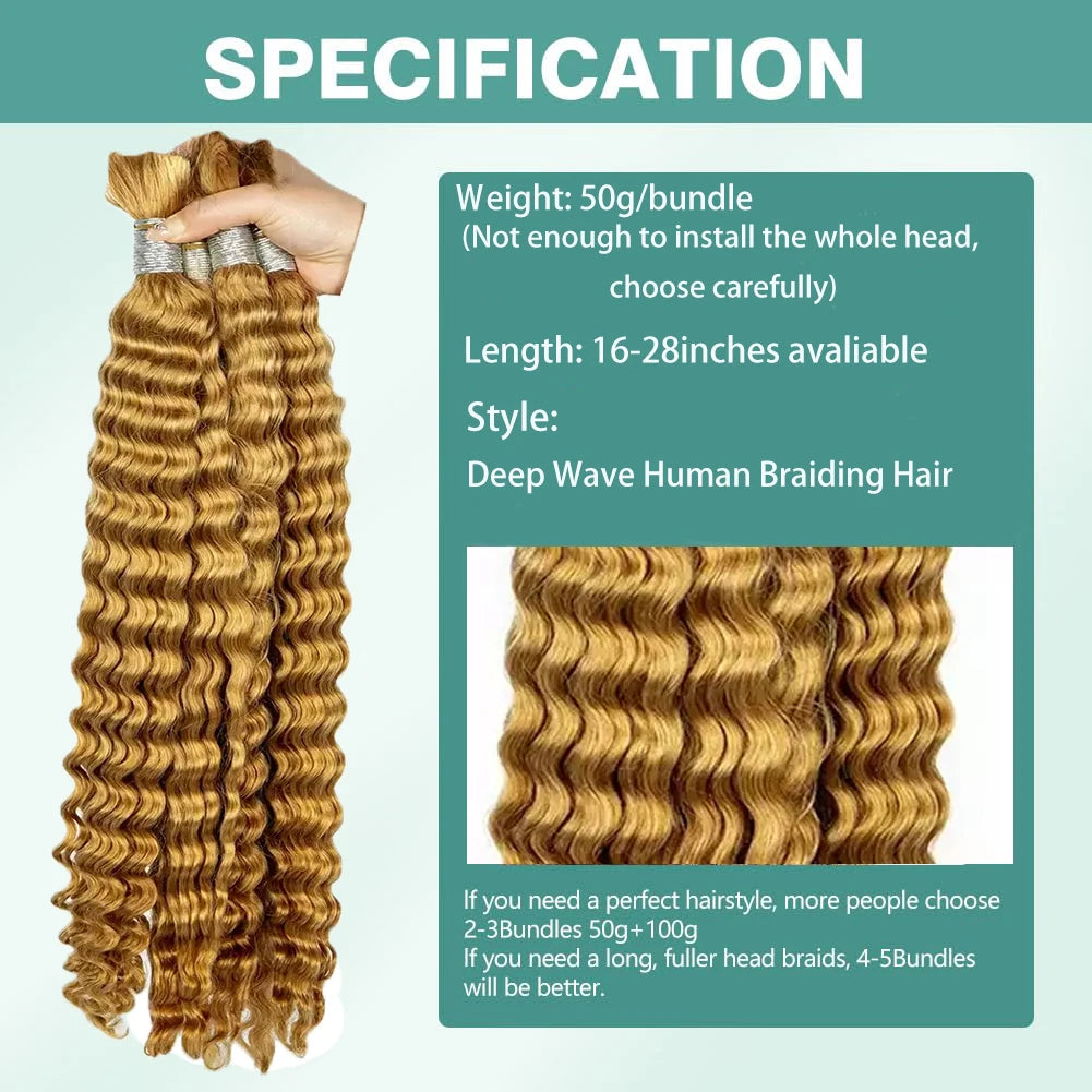 V Beauty Human Hair for Braiding Deep Wave #27 Honey Blonde Bulk Human Hair Bundles No Weft Hair Bulk for Women Hair Extensions