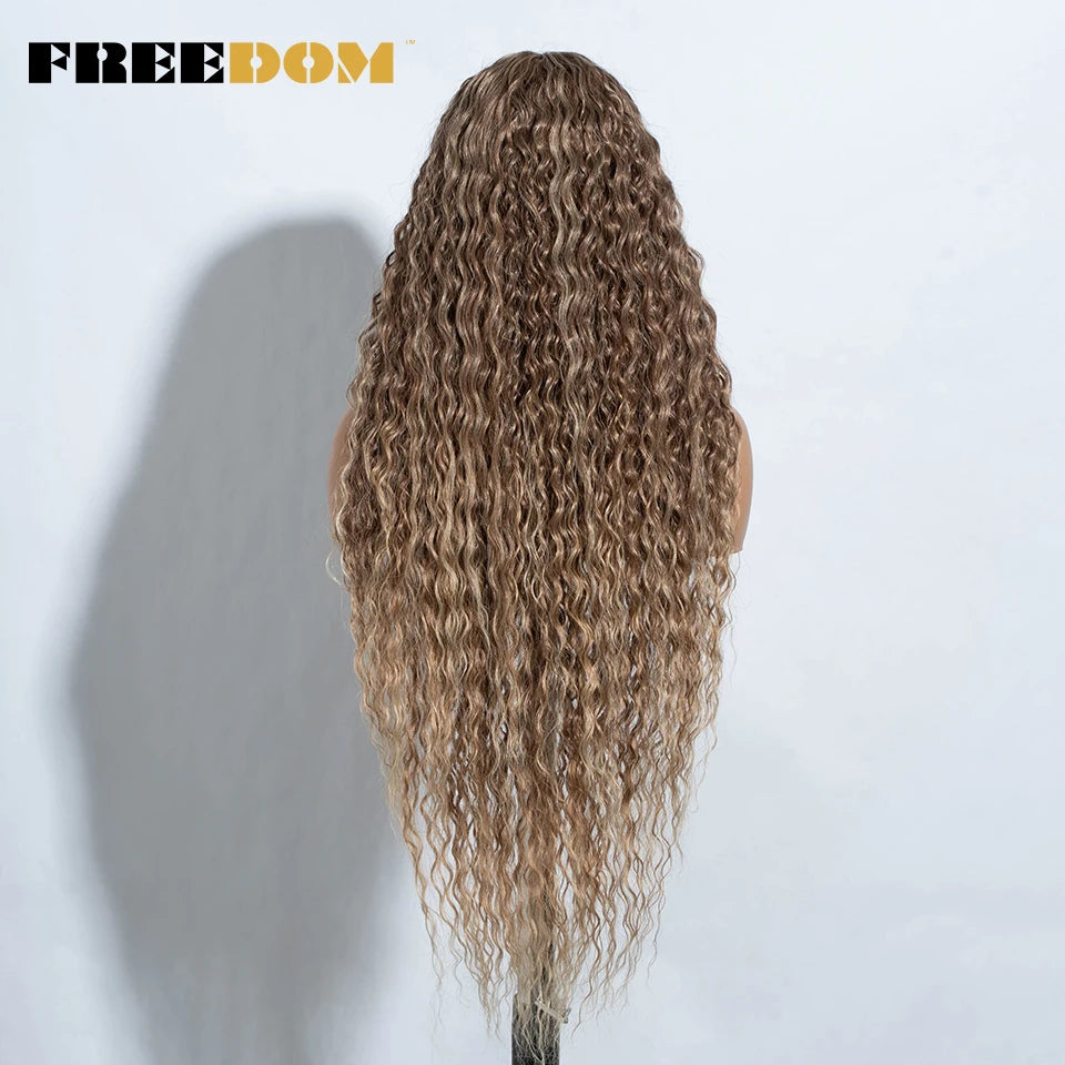 FREEDOM Synthetic Lace Front Wigs 34 Inch Super Long Curly Lace Wigs For Women Ombre Brown Lace Front Cosplay Wigs