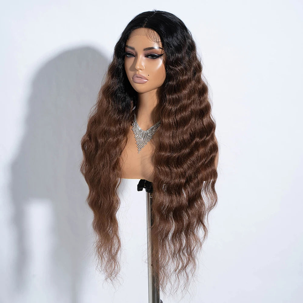 Synthetic Lace Wig Long Deep Wavy Ombre Blonde Brown Lace Wigs For Black Women Heat Resistant Cosplay Wigs